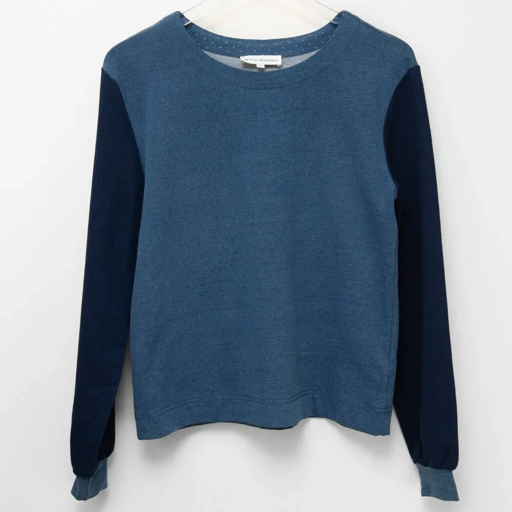 White + Warren Two Tone Top Knitwear Long Sleeve Shirt Navy Blue Size Small